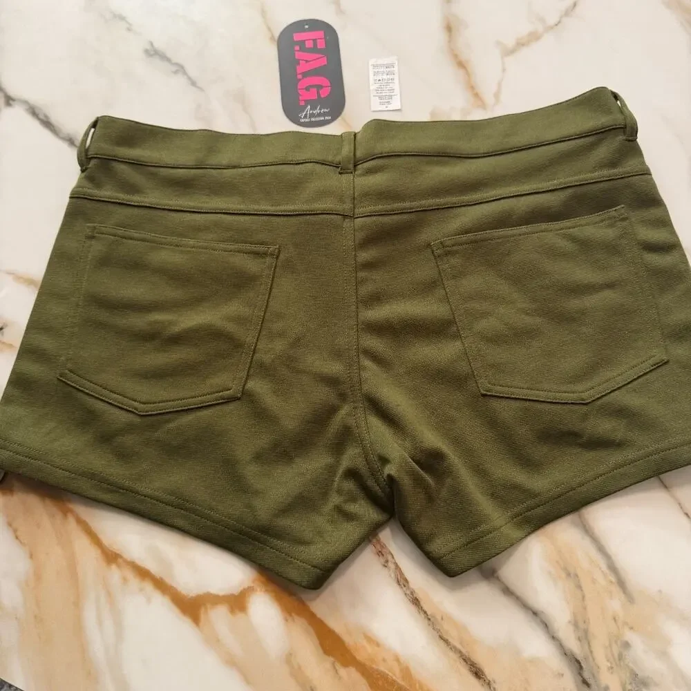 NEW Andrew Christian mens F.A.G. Capsule Zipper Shorts Color Olive Green Size 34